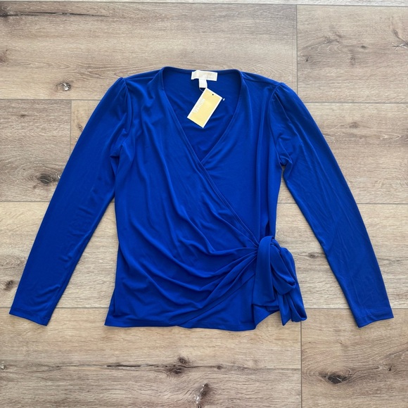 NWT Michael Kors Royal Blue Faux Wrap Blouse Petite Small - Picture 1 of 16